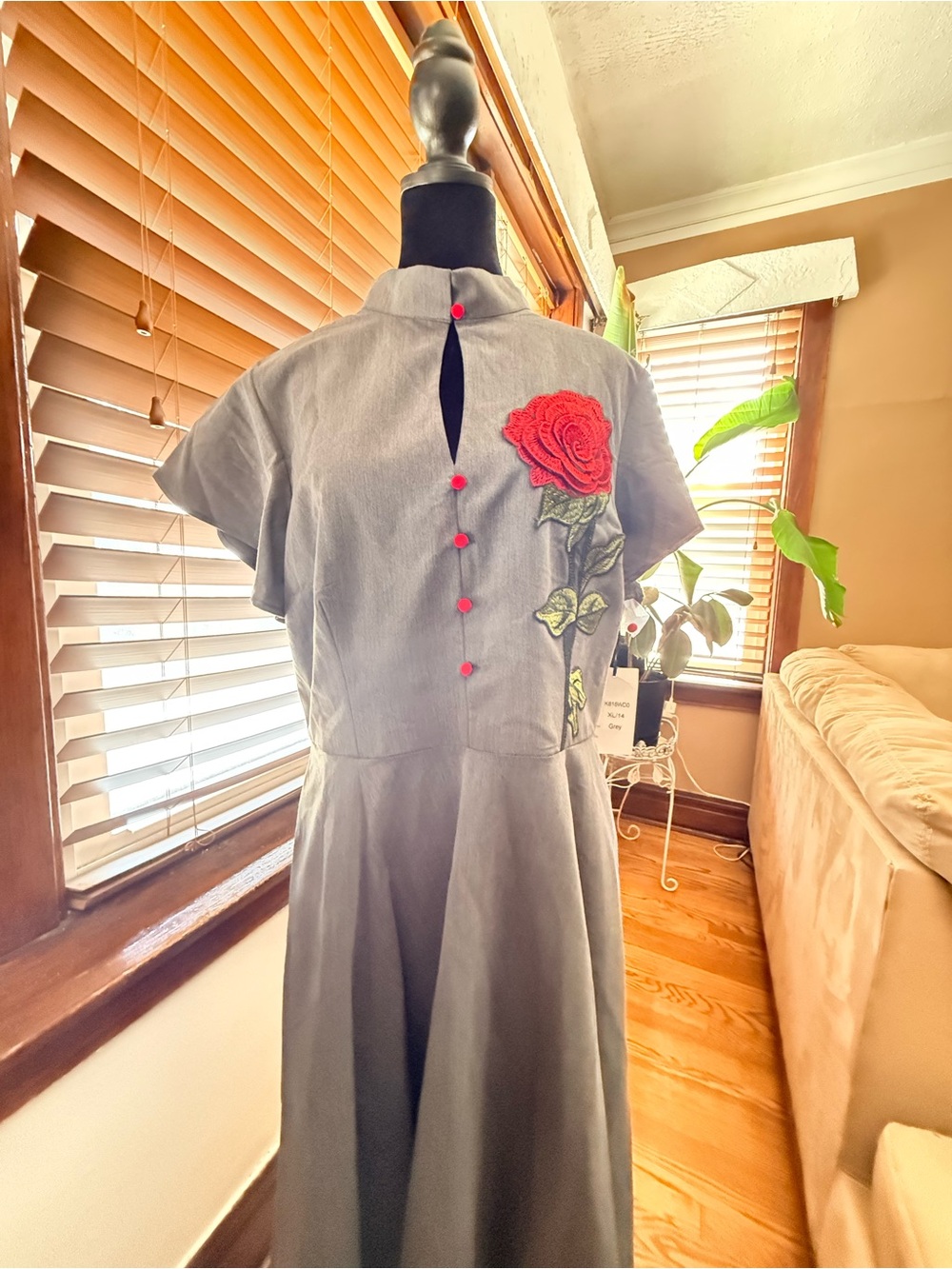 Unique Vintage Black Midi Dress with Red Rose Embroidery - Picture 10 of 10